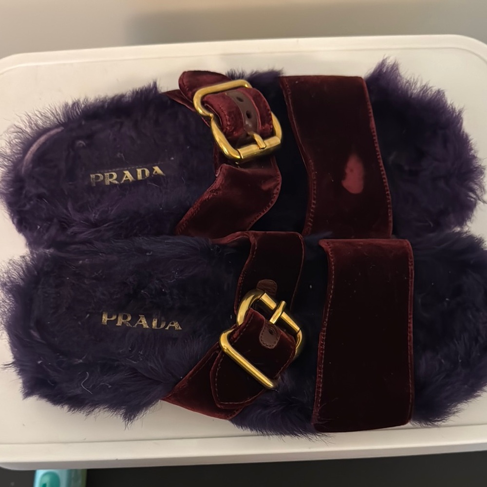 Prada Burgundy and Purple Fur Sandals